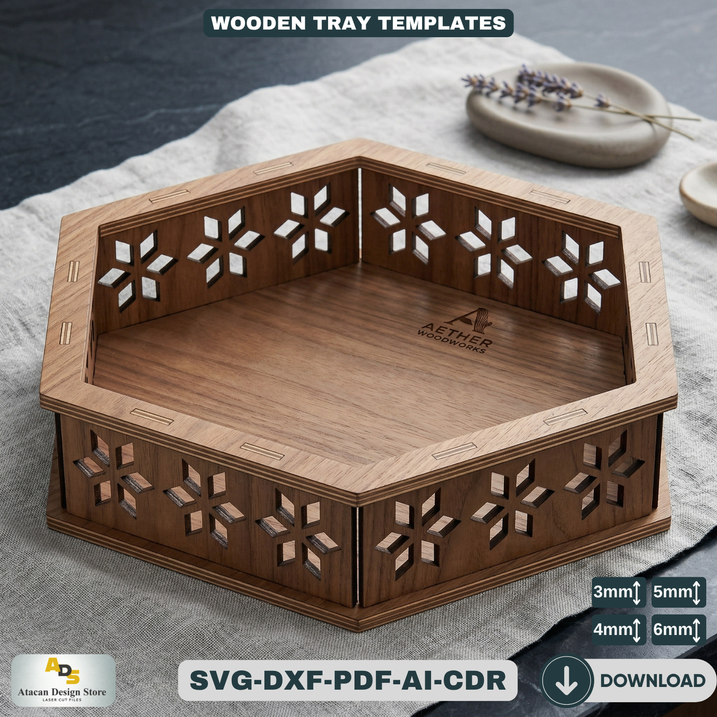 Hexagon Serving Tray - Laser Cut Design for Custom Wood Trays, Digital Download 687