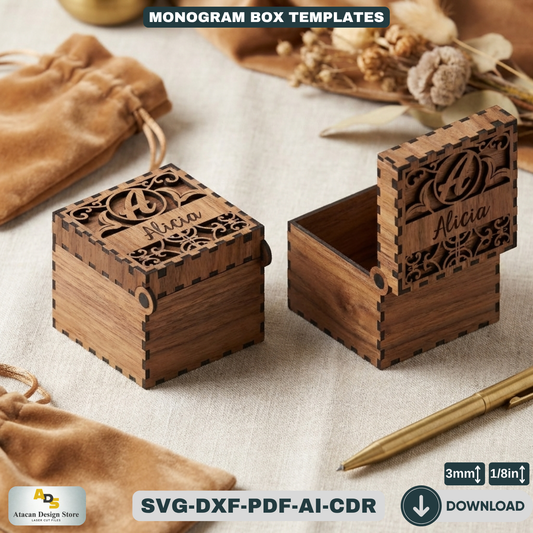Personalized Monogram Box Template / Wooden Jewelry Case / Initial Custom Wedding Favor Decorative Box 827