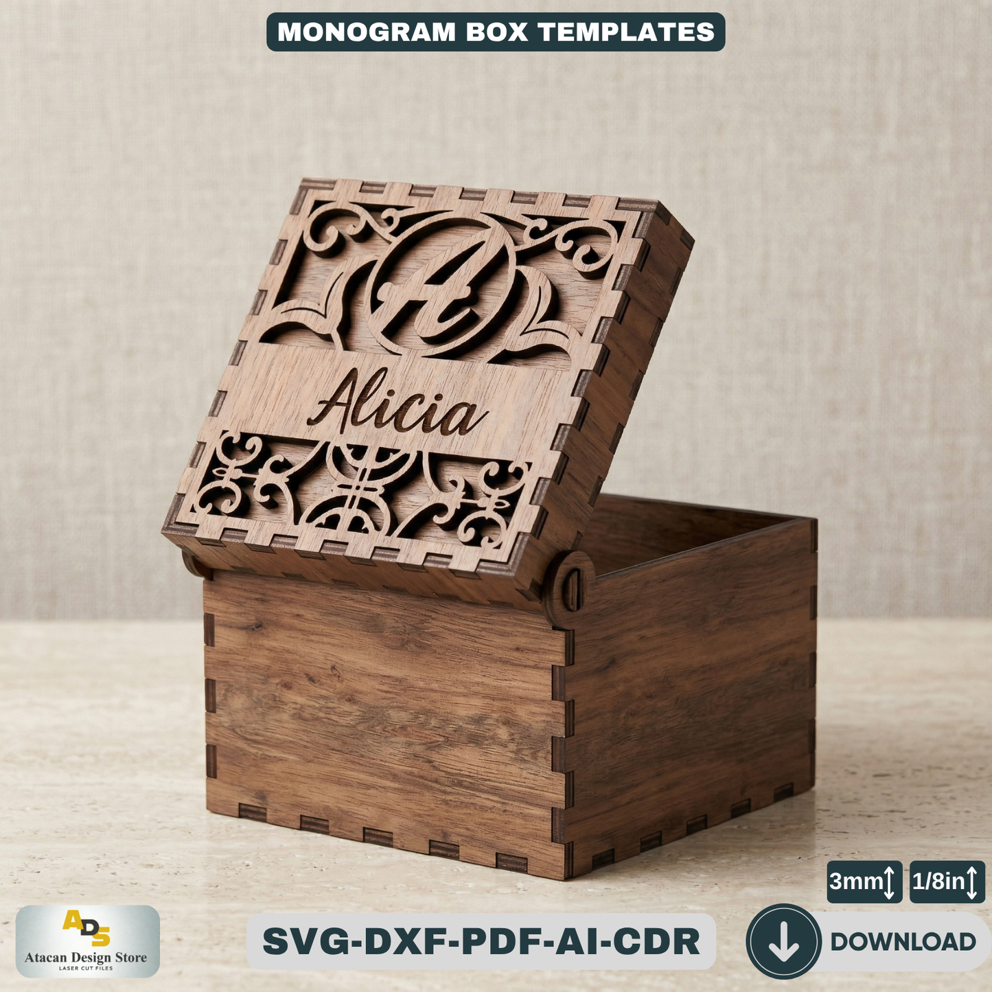 Personalized Monogram Box Template / Wooden Jewelry Case / Initial Custom Wedding Favor Decorative Box 827