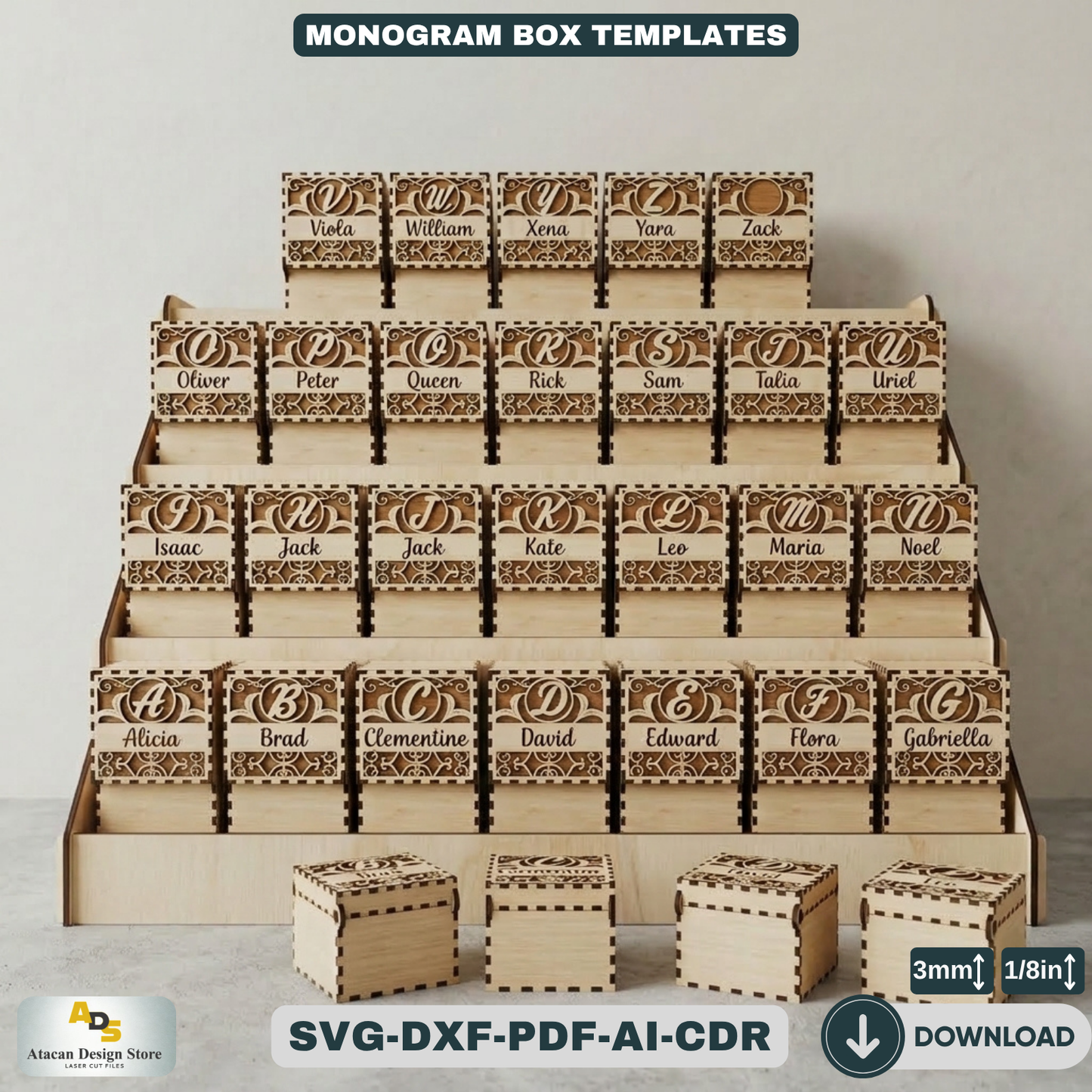 Personalized Monogram Box Template / Wooden Jewelry Case / Initial Custom Wedding Favor Decorative Box 827