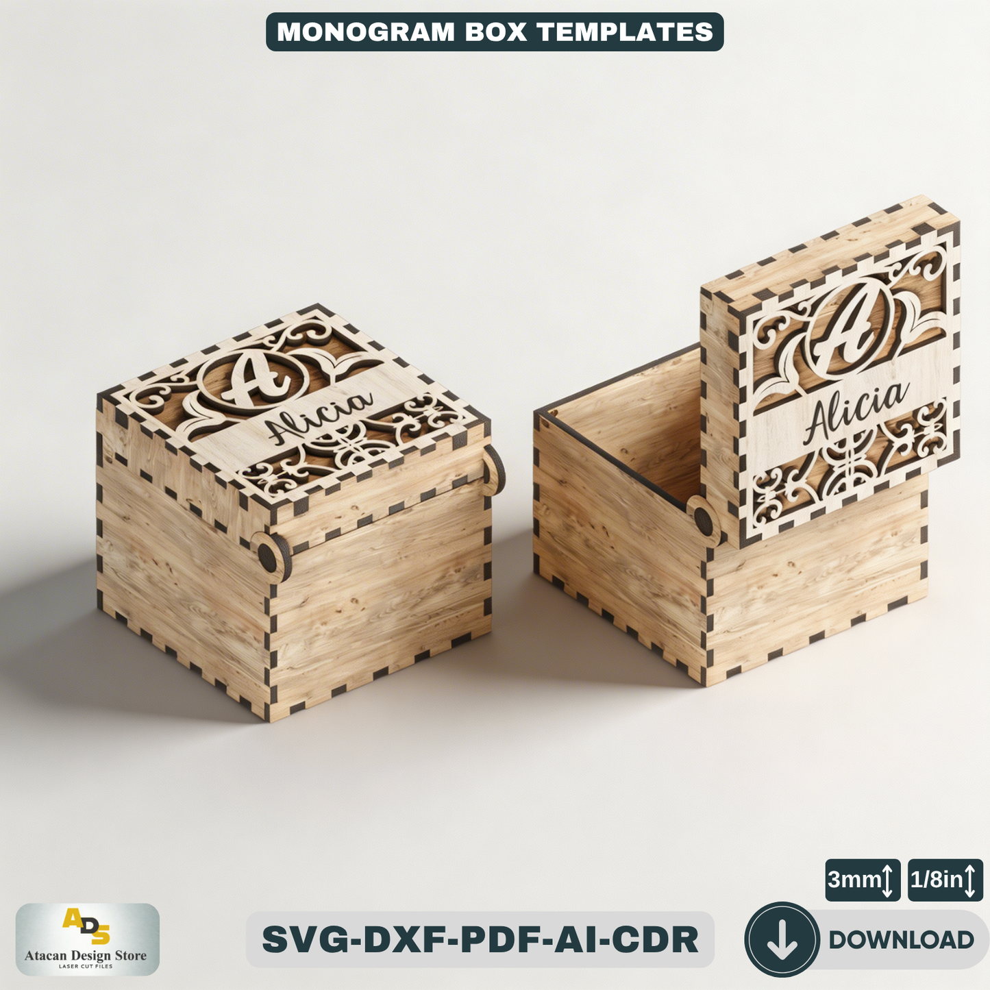 Personalized Monogram Box Template / Wooden Jewelry Case / Initial Custom Wedding Favor Decorative Box 827