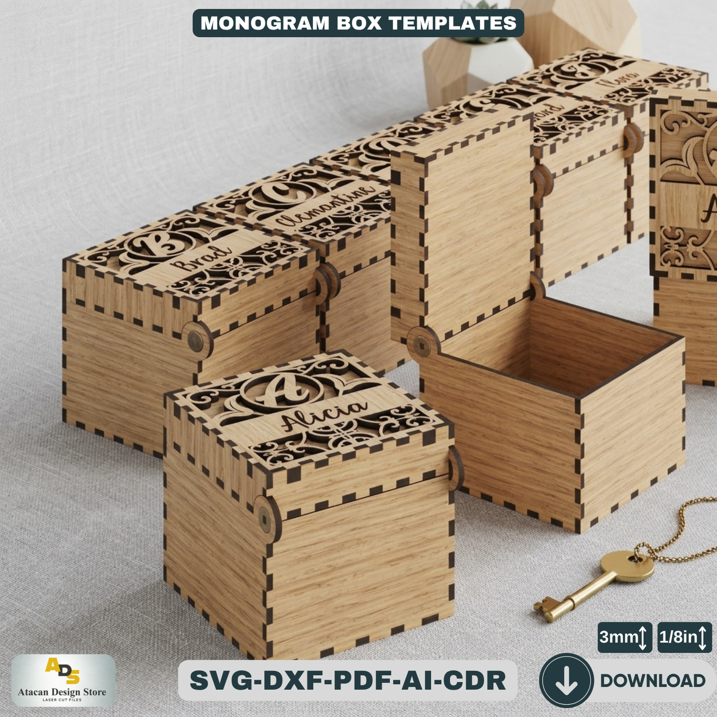 Personalized Monogram Box Template / Wooden Jewelry Case / Initial Custom Wedding Favor Decorative Box 827