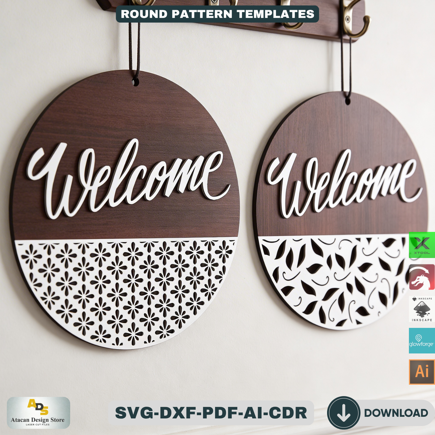 Door sign with patterns / Glowforge laser cut files / Door hanger Templates ADS115
