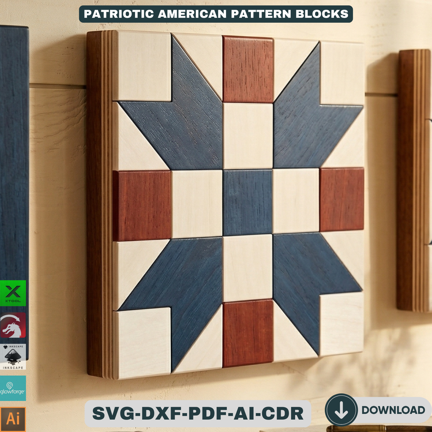 Patriotic American Barn Quilt Wall Decor Fourth of July Wooden Sign Geometric Star Block Patterns 943