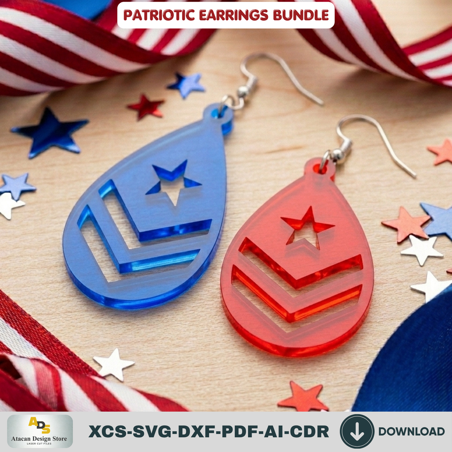 Patriotic Earring Laser Cut Template, USA Flag Star Jewelry Pattern, Independence Day Gift