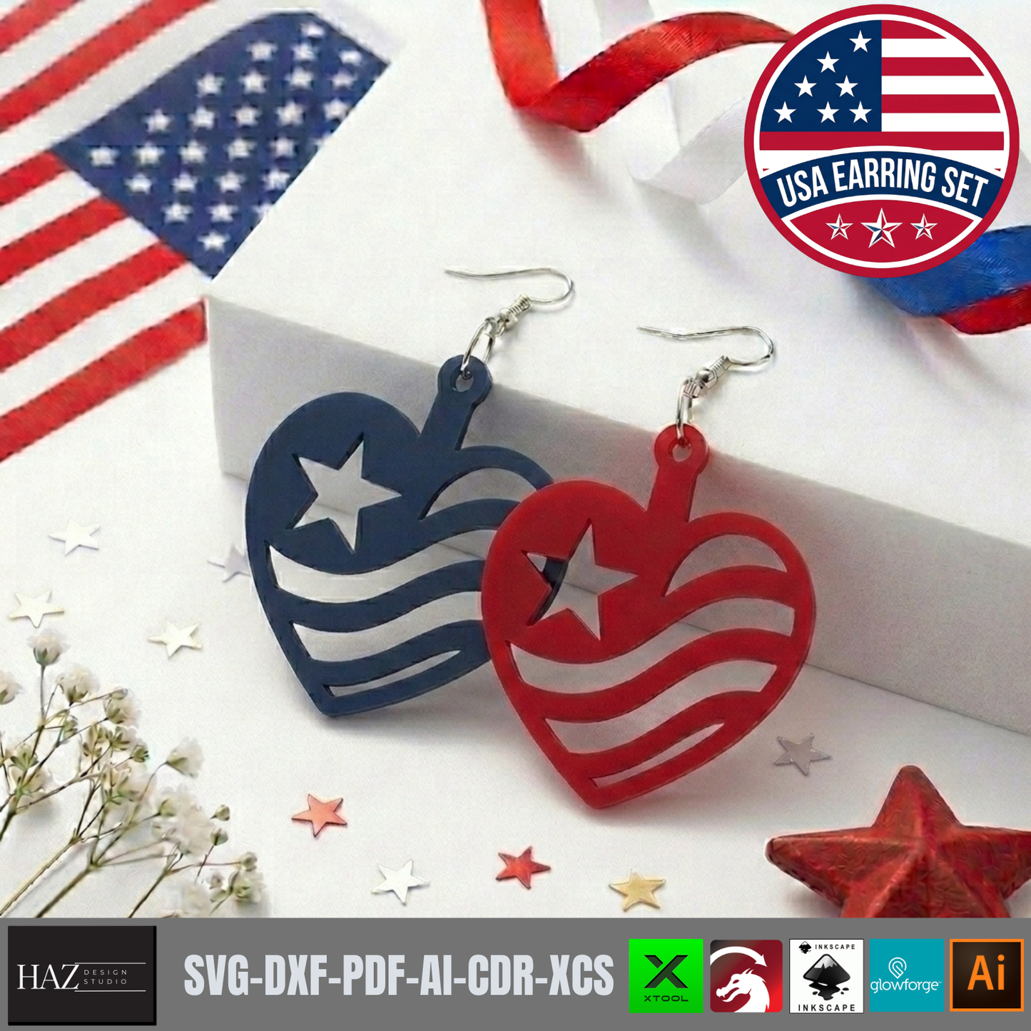 Patriotic Earring SVG Bundle, 4th of July Laser Cut Templates, USA Flag Acrylic Jewelry