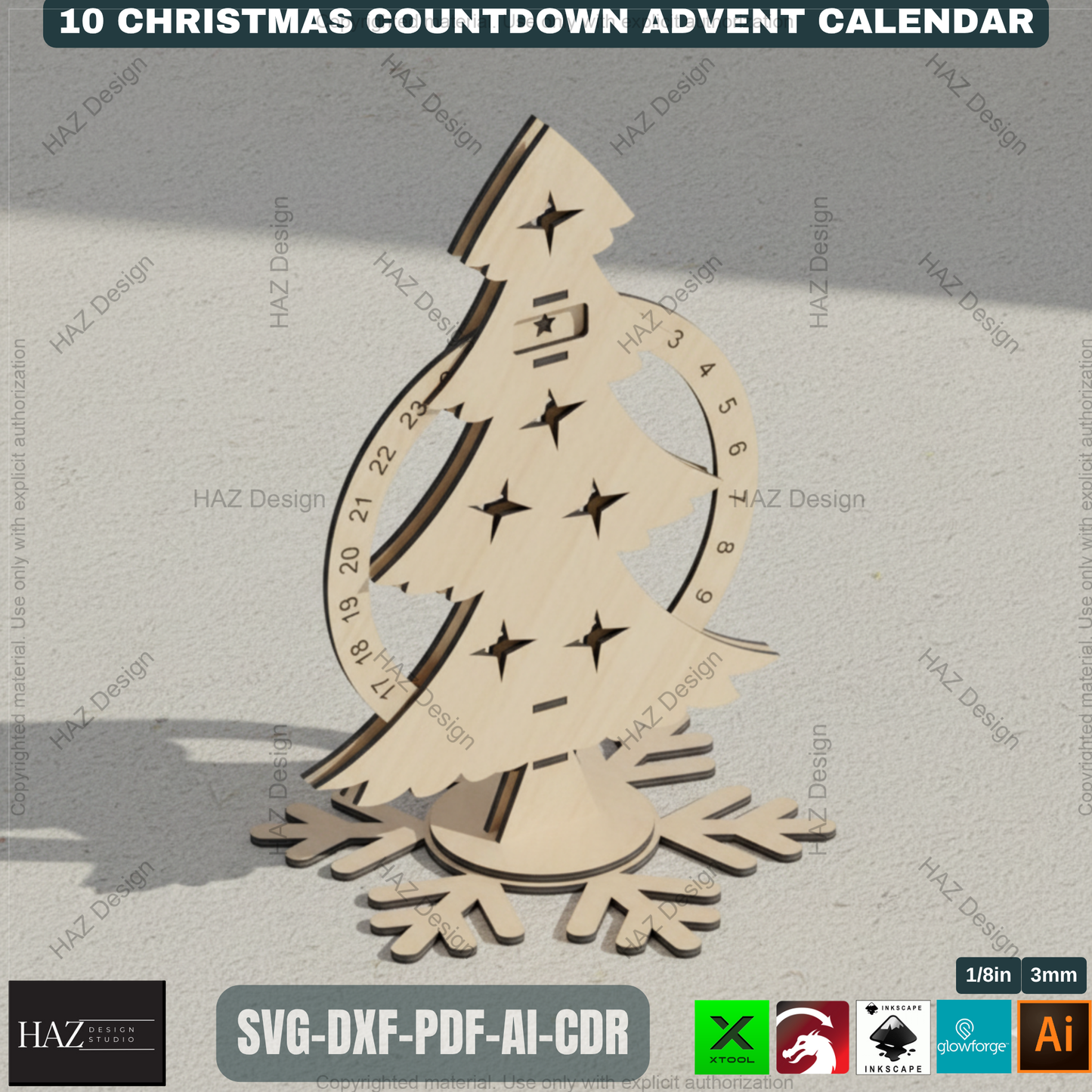 Festive Countdown Advent Calendar Laser Cut Files, Wooden Christmas Decor Template for Glowforge & Xtool, Holiday Craft Project 498