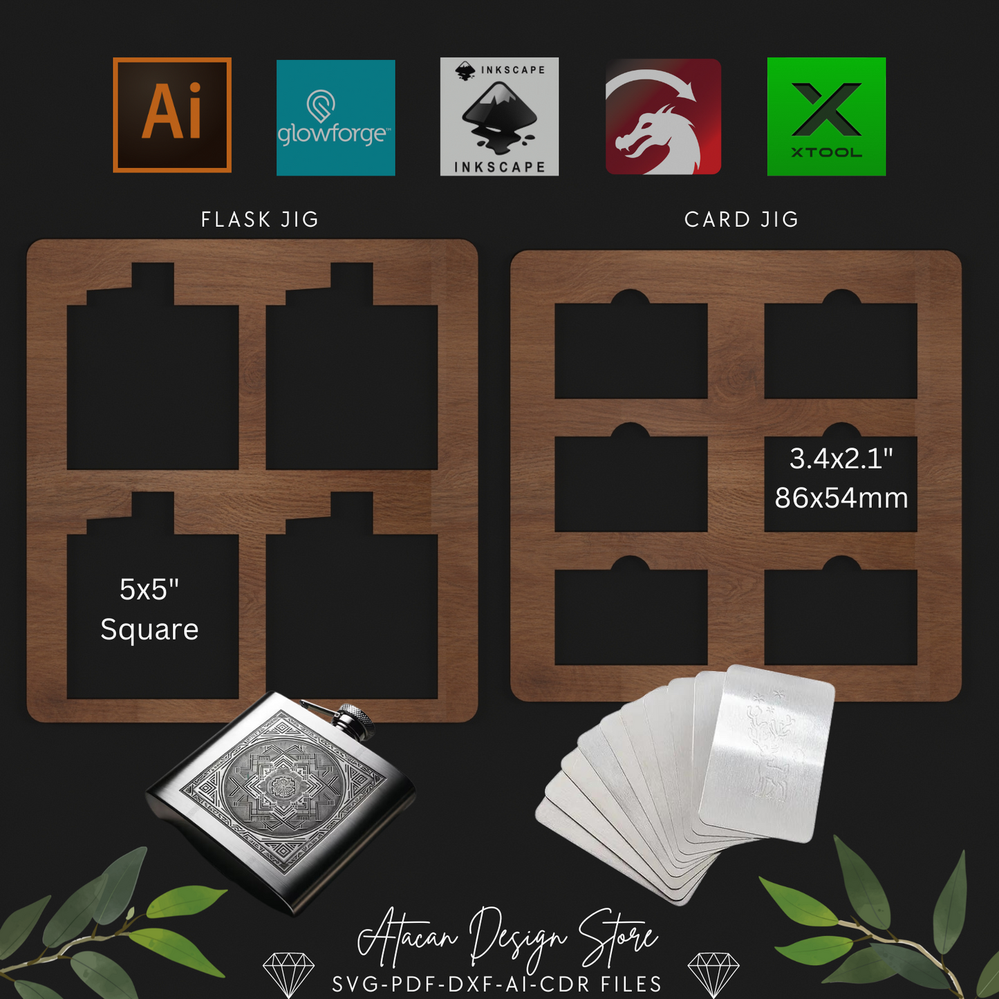 Laser Engraving Flask & Card Jig Template - Perfect for Glowforge, XTool, Inkscape 699