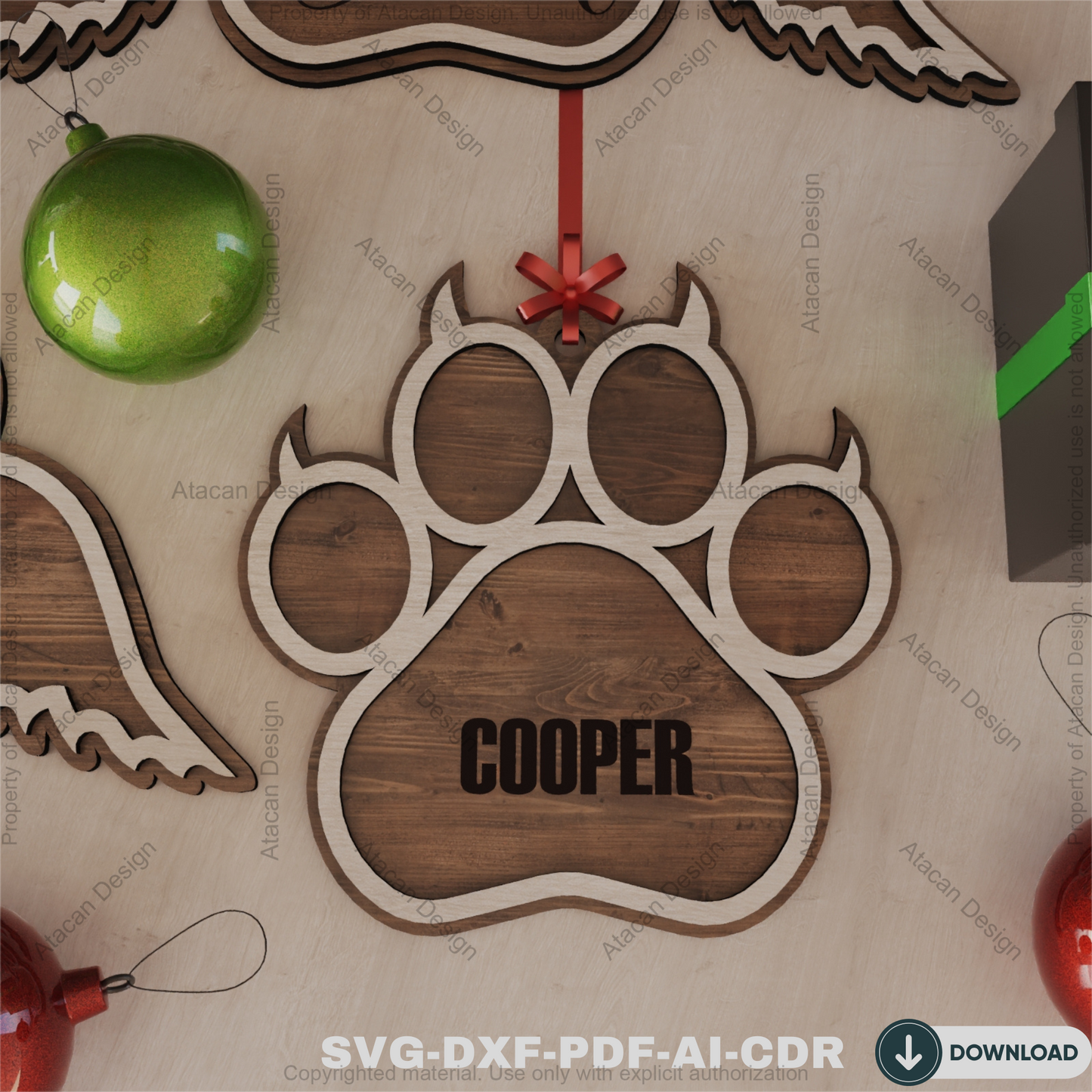 Personalized Dog Paw Ornament - Custom Wooden Pet Christmas Keepsake for Laser Cutting 807