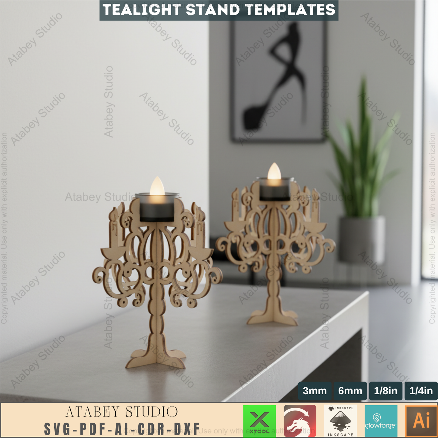 Ornate Candelabra Laser Cut File, Set of 3 Tealight Holder Templates, Wooden Candlestick Pattern, Elegant Table Decor, Glowforge Ready 967