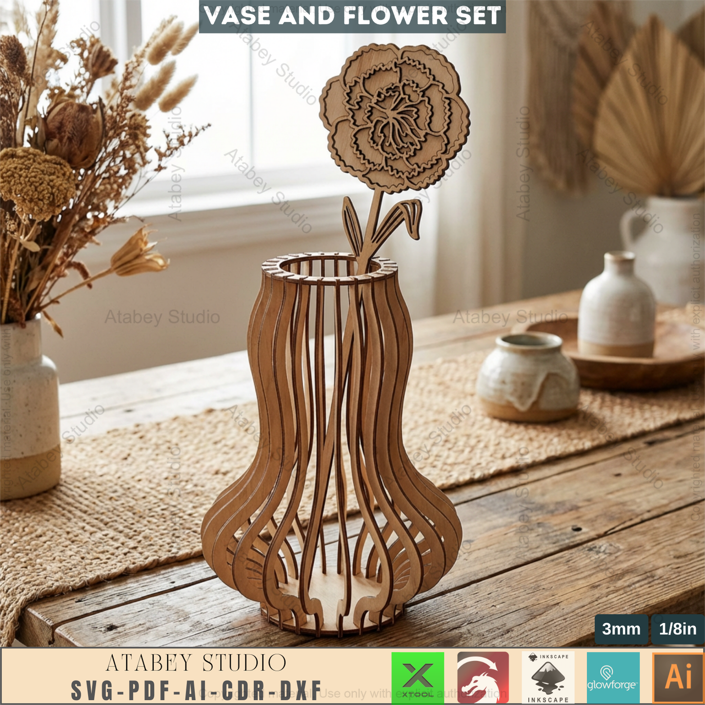 Laser Cut Wooden Vase with Flowers SVG Bundle - 5 Elegant Vases & 6 Wildflower Designs, 3D Layered Floral Table Decor 984