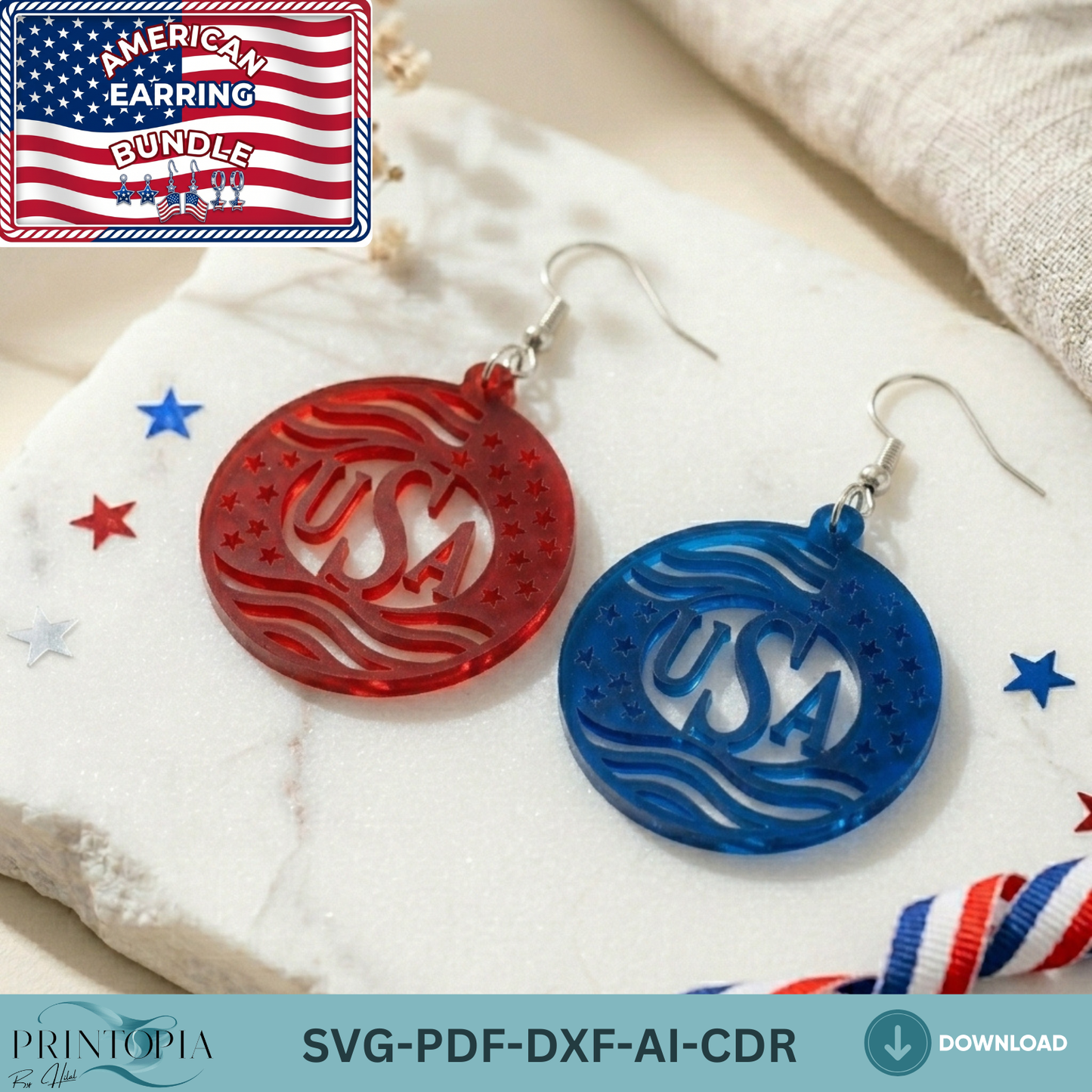 Patriotic Earring Laser Cut Design, Fourth of July American Flag Jewelry Template, USA Stars Independence Day