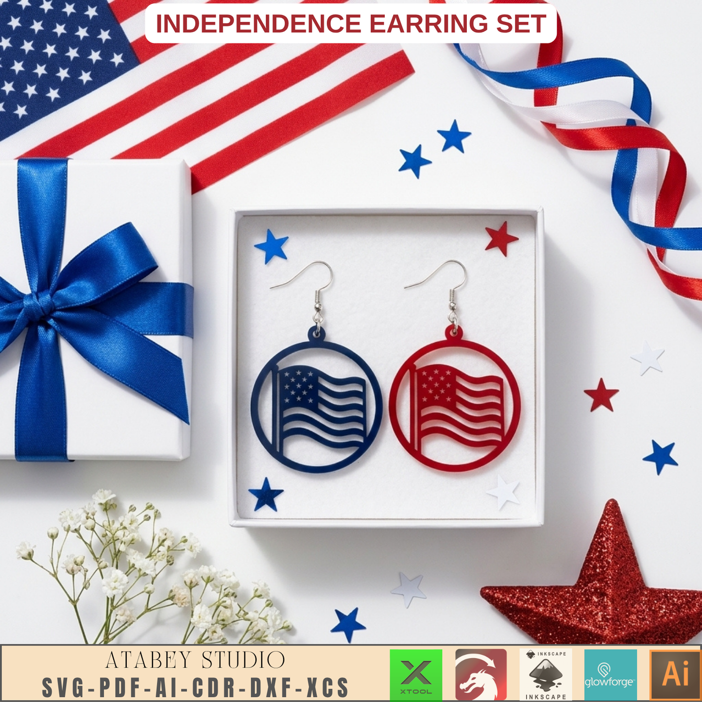 4th of July Earring SVG Bundle, Patriotic Laser Cut Templates, USA Flag Star Earrings