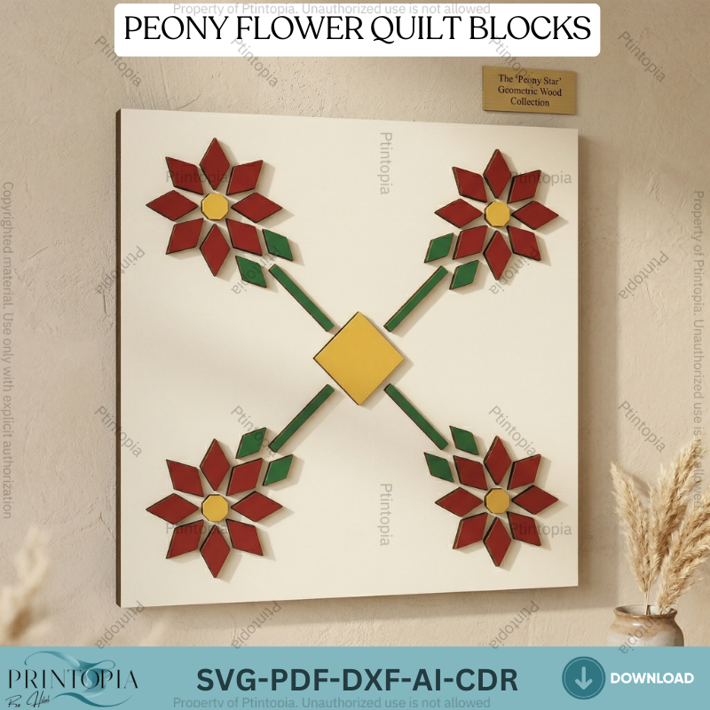 Geometric Peony Flower Barn Quilt Block Pattern Laser Cut Wood Art Floral Wall Decor 340