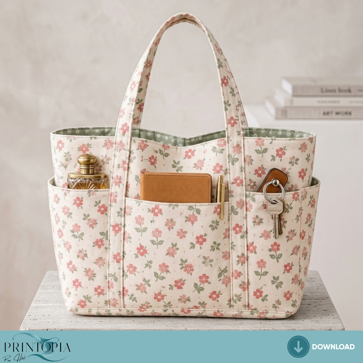 Floral Tote Bag Sewing PDF Pattern Multi Pocket Organizer 4 Sizes Included