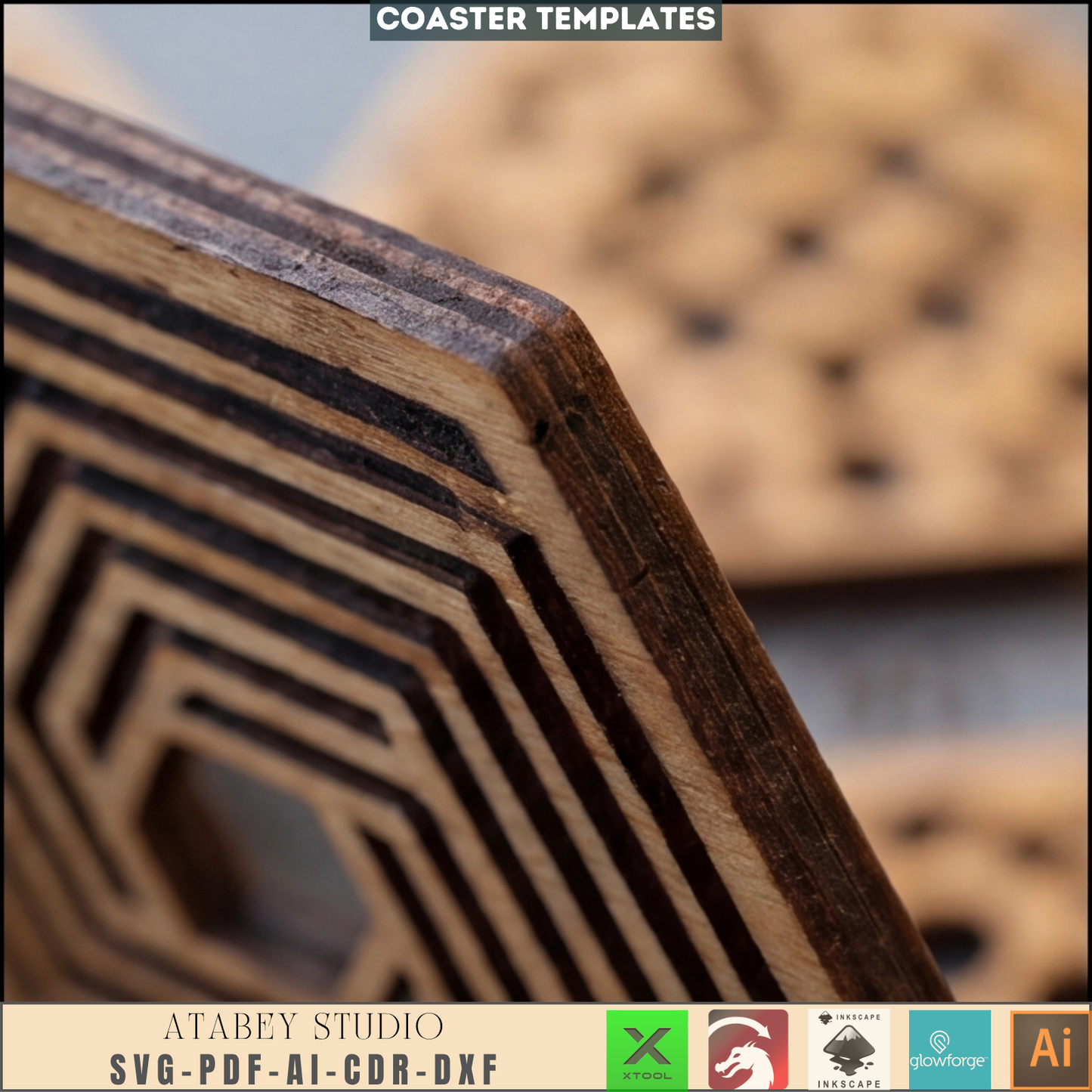 Geometric Hexagon Coaster Laser Cut File Bundle Wood Drink Coaster Template