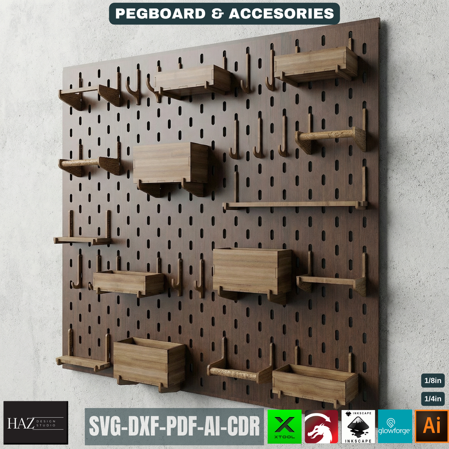 Wood Pegboard Wall Organizer / Modular Peg Board with Hooks and Bins Wall Storage 083