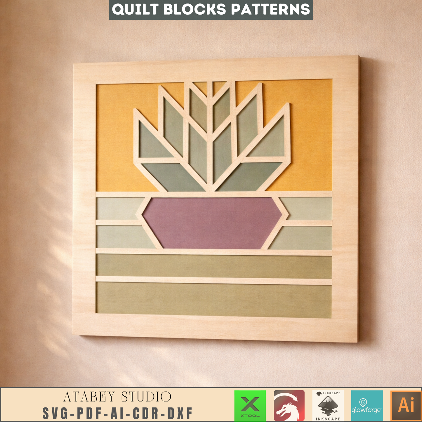 Geometric Quilt Block Wall Art Laser Cut Design Modern Farmhouse Wood Heart Butterfly Potted Flower 988