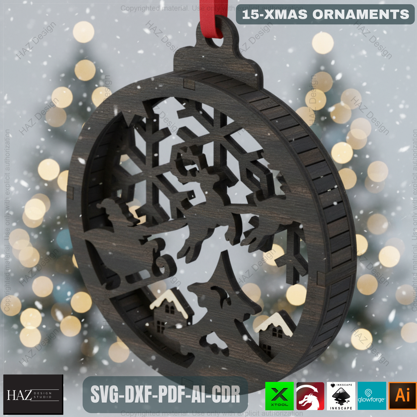 Christmas Laser Cut Ornament SVG Bundle - 15 Unique Wooden Xmas Pendant Designs for Glowforge & Xtool 487