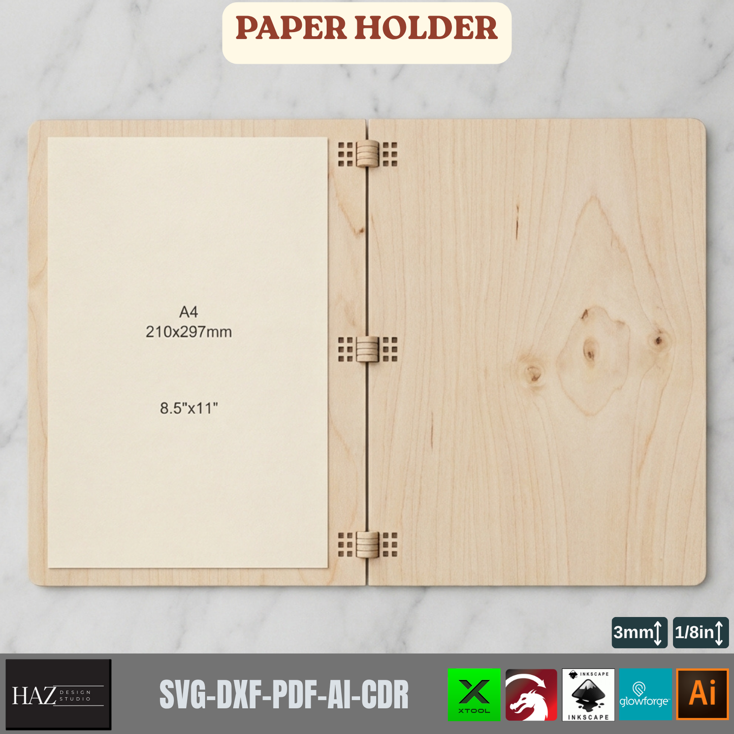 Wooden Paper Holder Laser Cut Files, Desk Notepad Cover SVG Template, A4-A6 Memo Pad