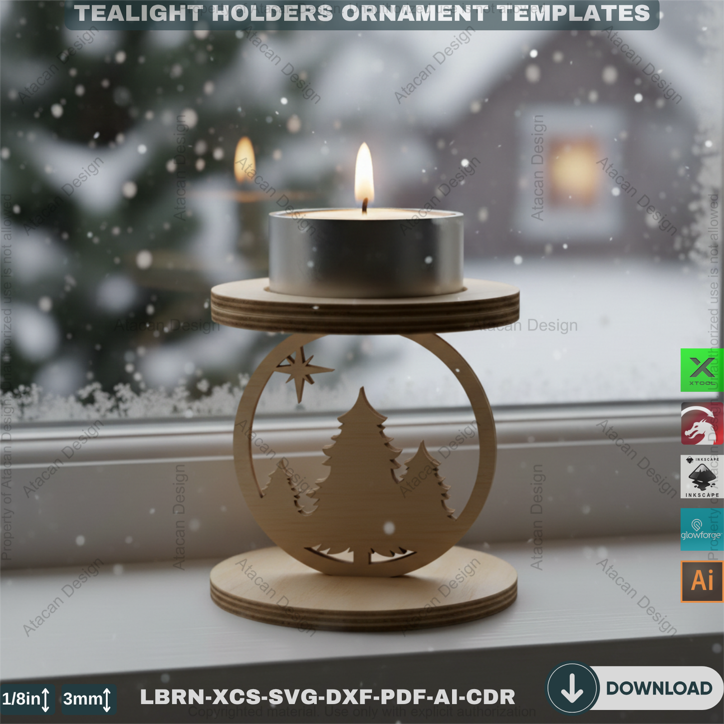 Snowflake Tealight Holder Set, Wooden Laser Cut Decor, Winter Candle Templates, Standing Tea Light Holders 907