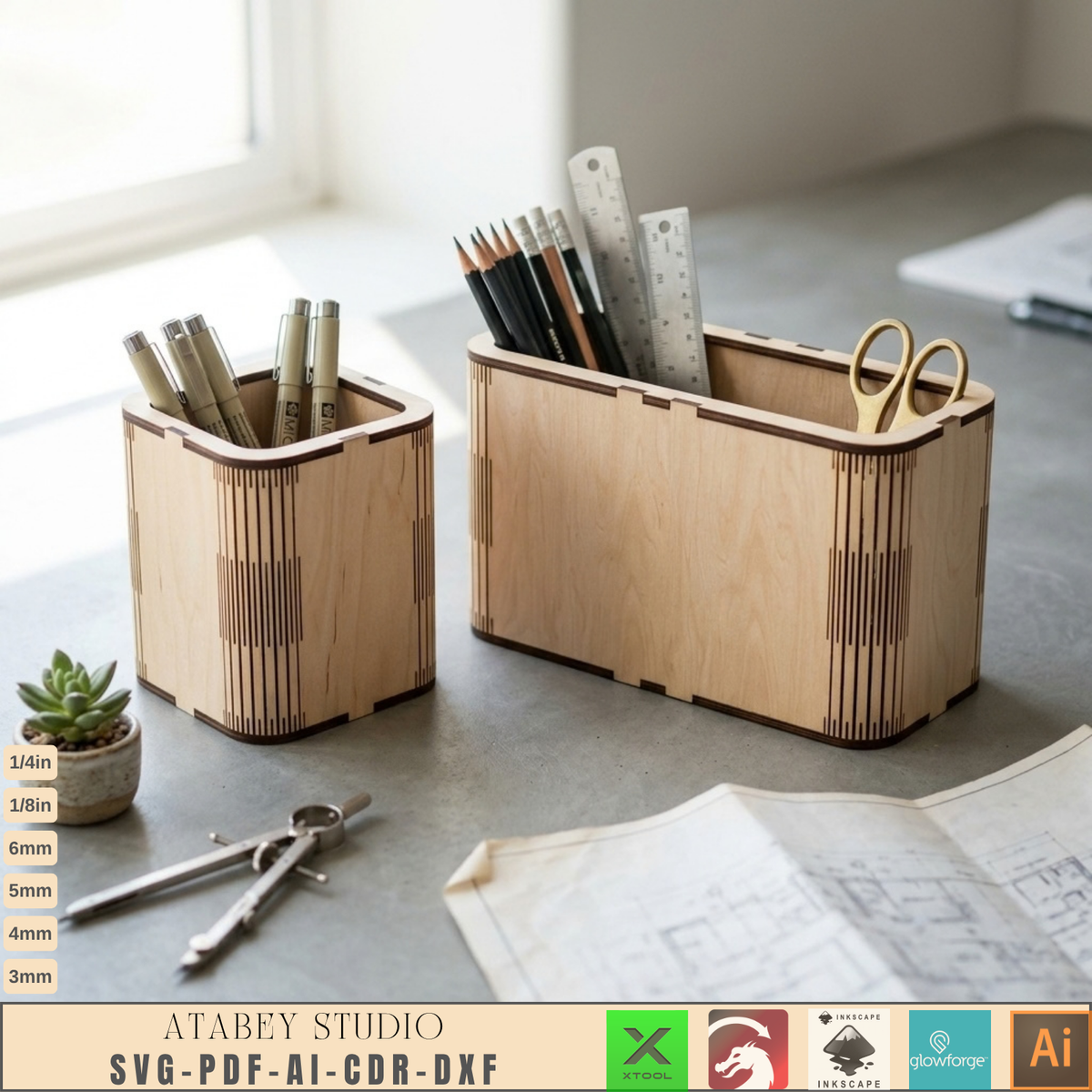 Wooden Desk Organizer Laser Cut Template - DIY Pencil Holder for Home Office 1029