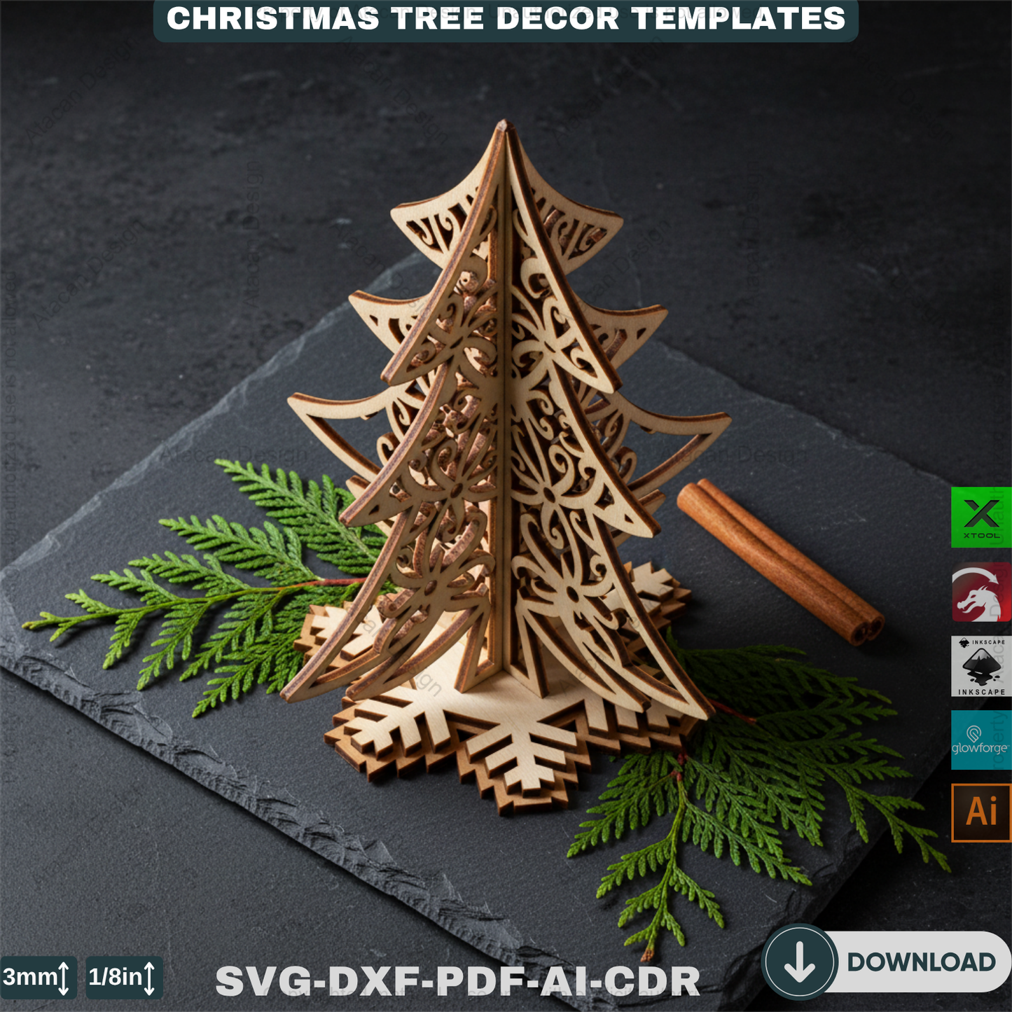Christmas Ornament Tree With Pattern Laser Cut Files, Festive Holiday Shelf Sitter, Wooden Tabletop Decor Trees 912