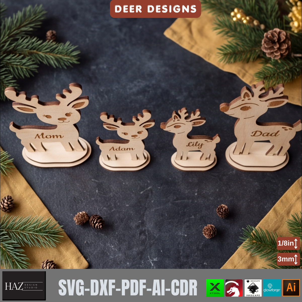 Personalized Reindeer Family Laser Cut SVG – Christmas Wooden Decor Stand