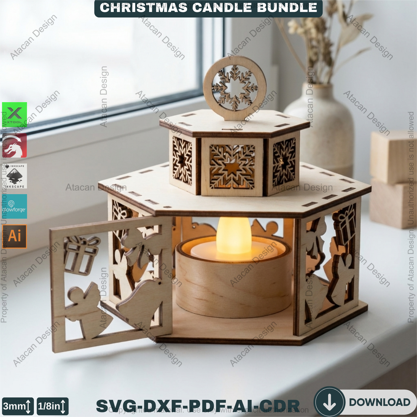 Christmas Candle Holder Bundle / Tealight Stands With Lid / Lantern Tabletop Decor / Holiday Ornaments 923