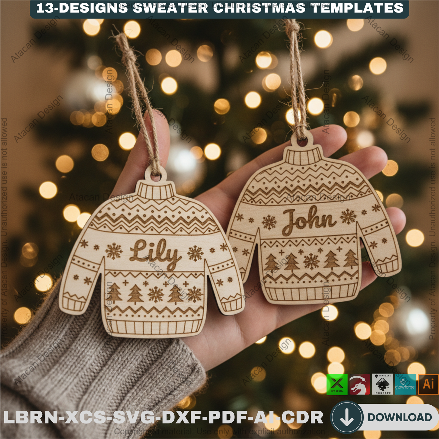 Personalized Sweater Christmas Ornament Bundle | 13 Holiday Designs | Laser Cut Template Set for DIY Xmas Gifts 918