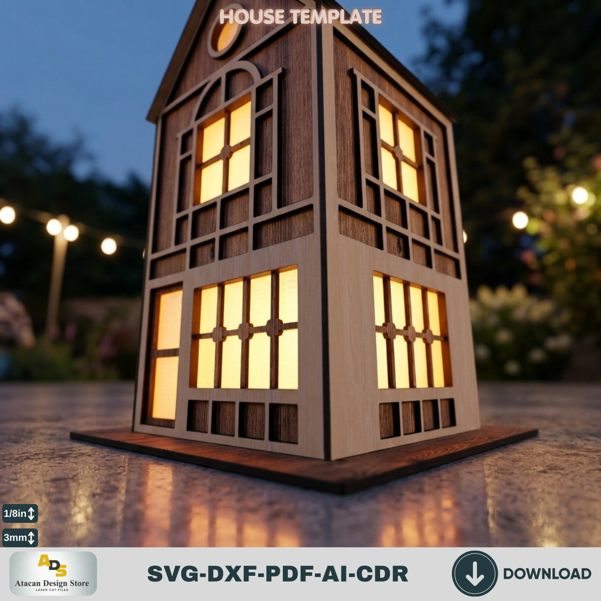 DIY Wooden House Luminary Template | Laser Cut Miniature Village | Table Lamp Design 885