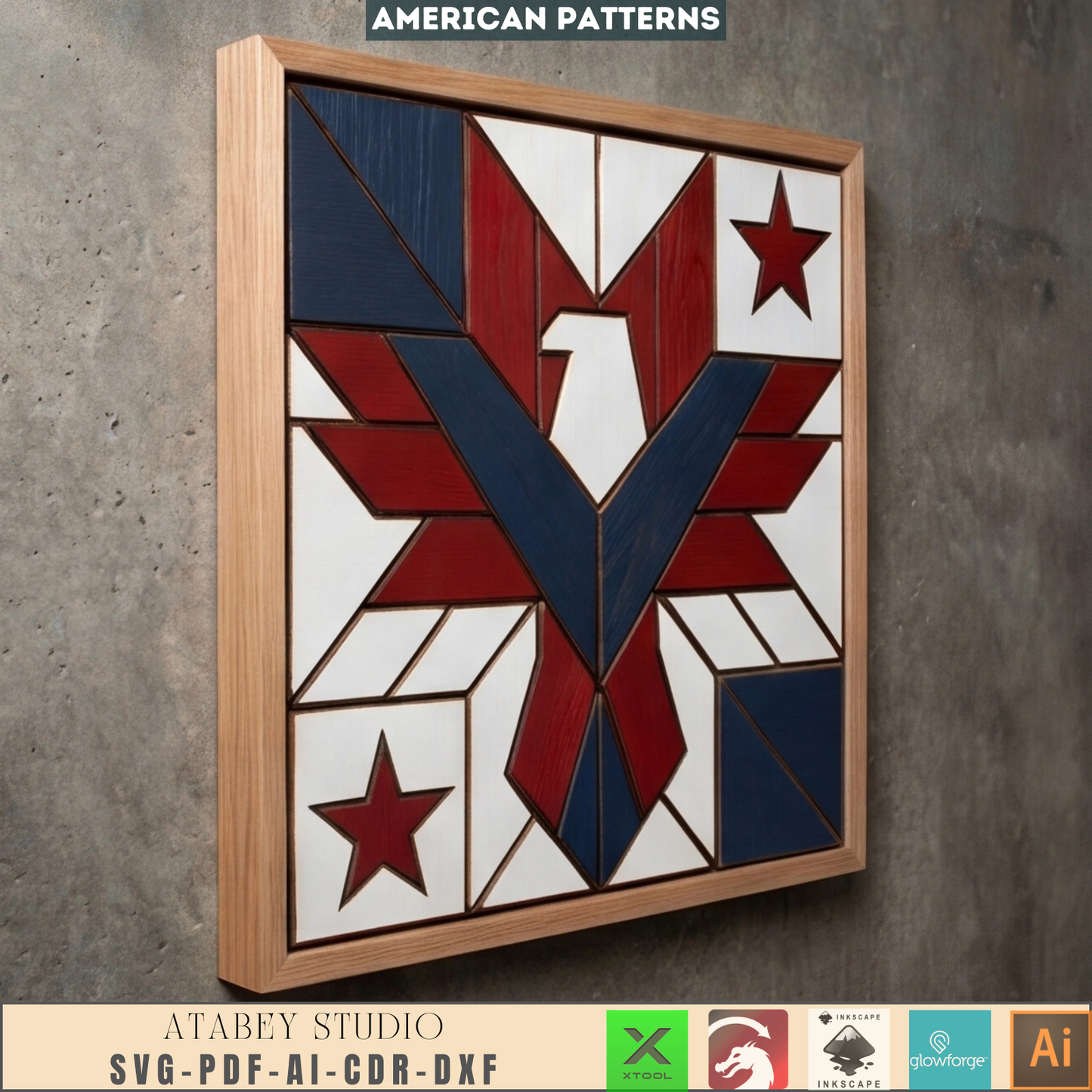 American Eagle Wood Barn Quilt Pattern Patriotic Sign Geometric Hawk Shield Intarsia Wall Art