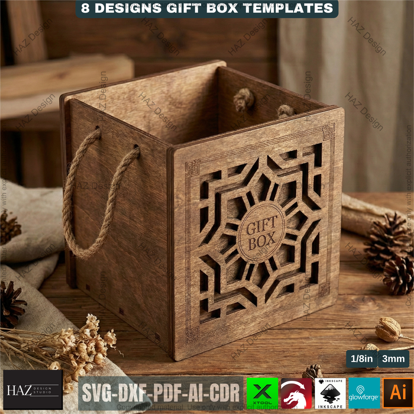 8 Laser Cut Gift Box Templates, Wooden Storage Crate Pattern, Decorative Plywood Basket, DIY Wedding Hamper, Laser Ready Cut Files 511