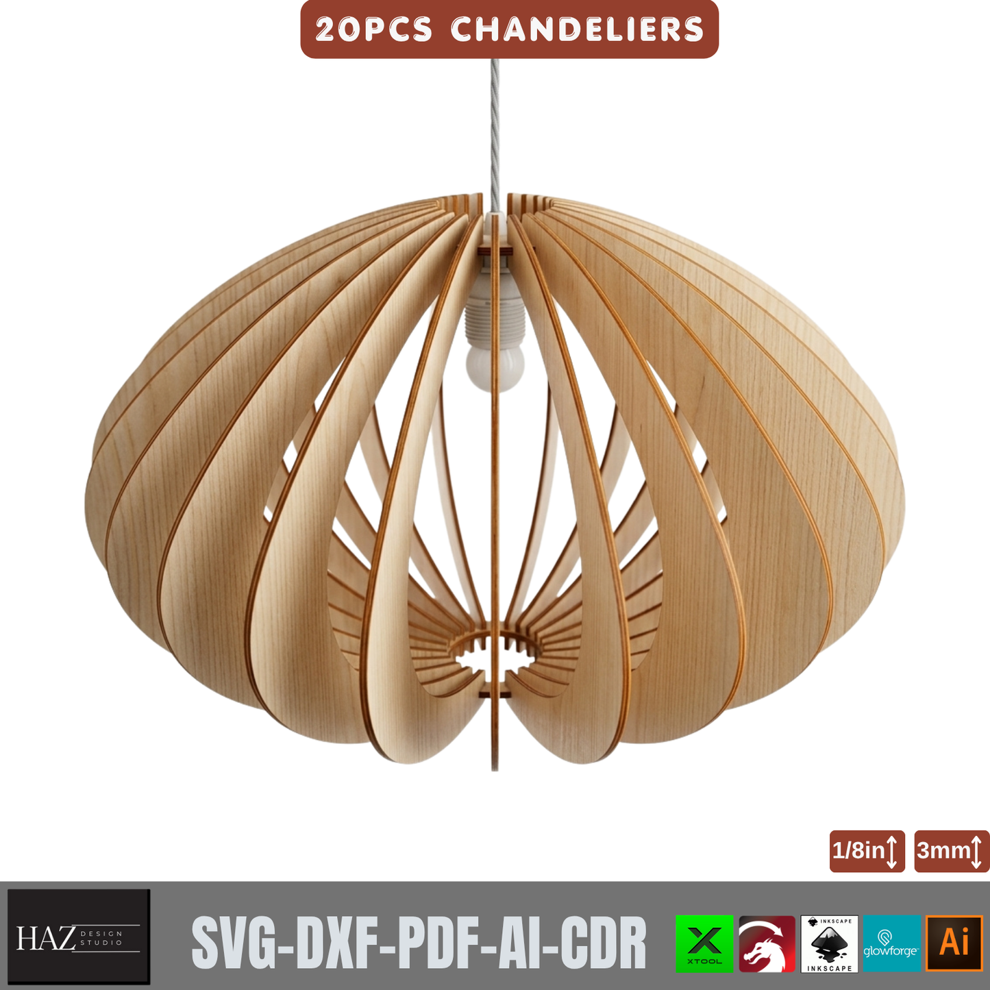 20 Piece Wooden Chandelier Pendant Lamp Laser Cut SVG Template Set Plywood 566