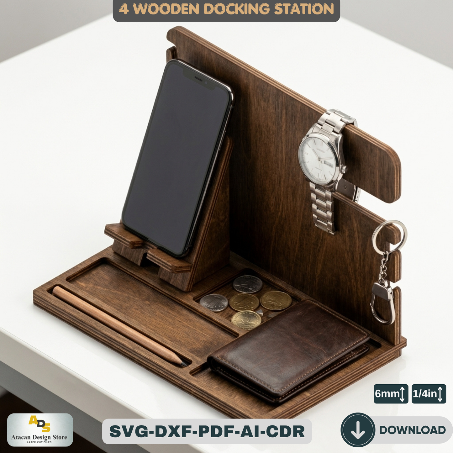 Wood Docking Station / Desk Organizer Phone Stand / Watch Holder / Father's Day Gift 947