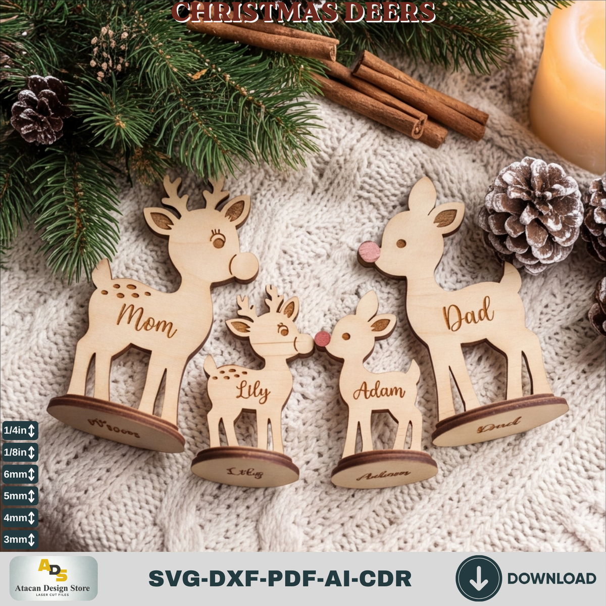 Personalized Reindeer Family Laser Cut Holiday Shelf Decor - Mom Dad Kids Sizes