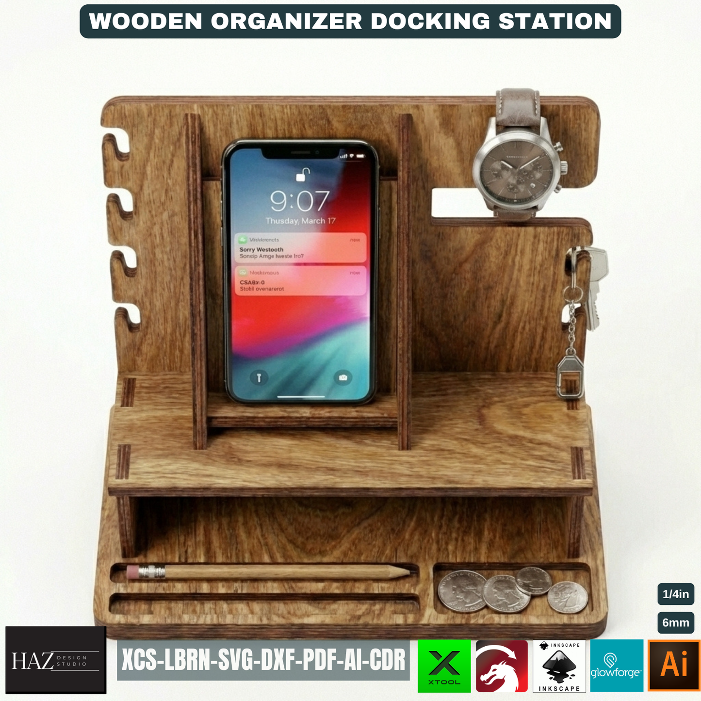 Personalized Wood Docking Station Desk Organizer Mens Gift Idea Phone Stand Bedside Nightstand Catchall Tray 529