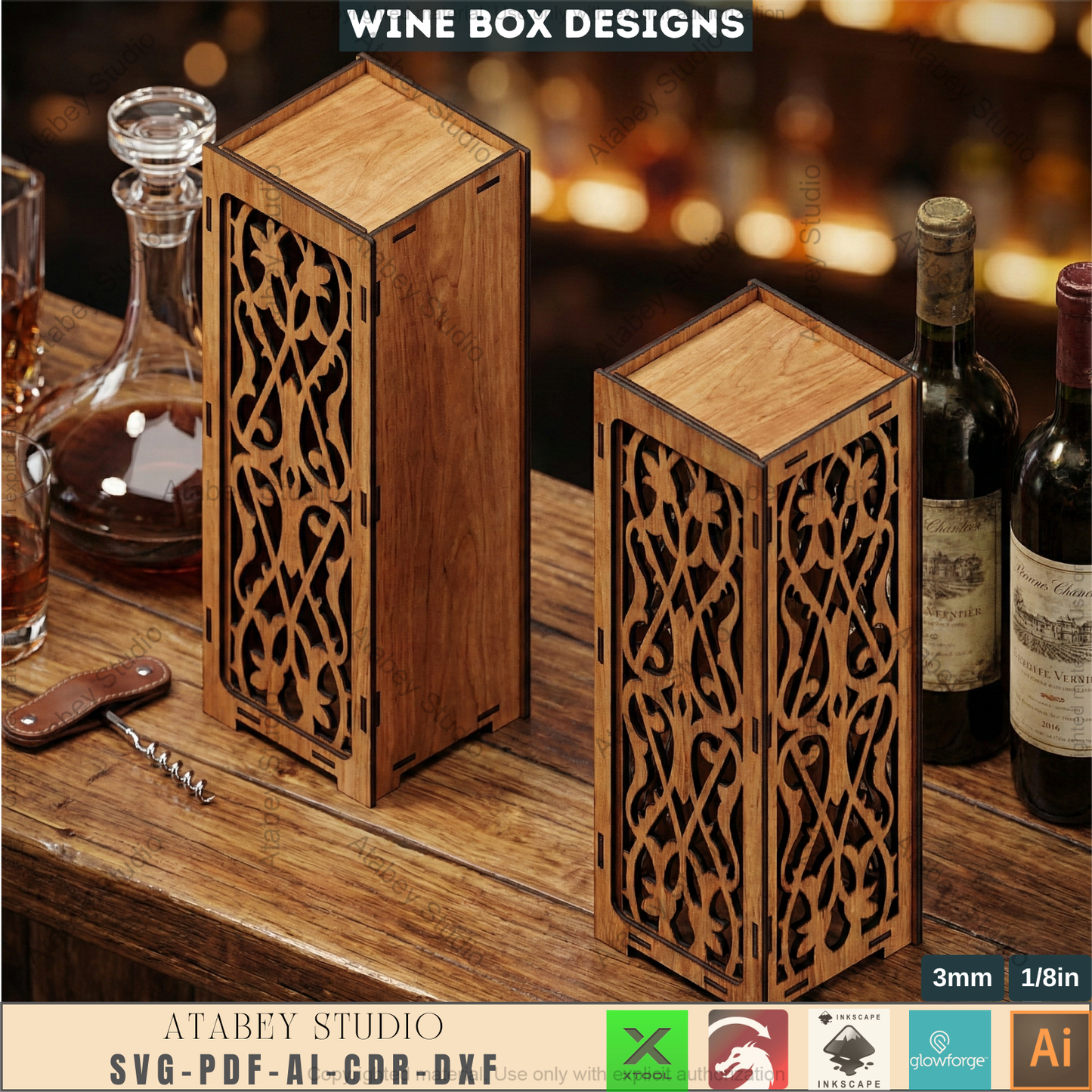 Laser Cut Wine Bottle Gift Box Bundle, Wooden Wine Carrier, Decorative Wine Box 987