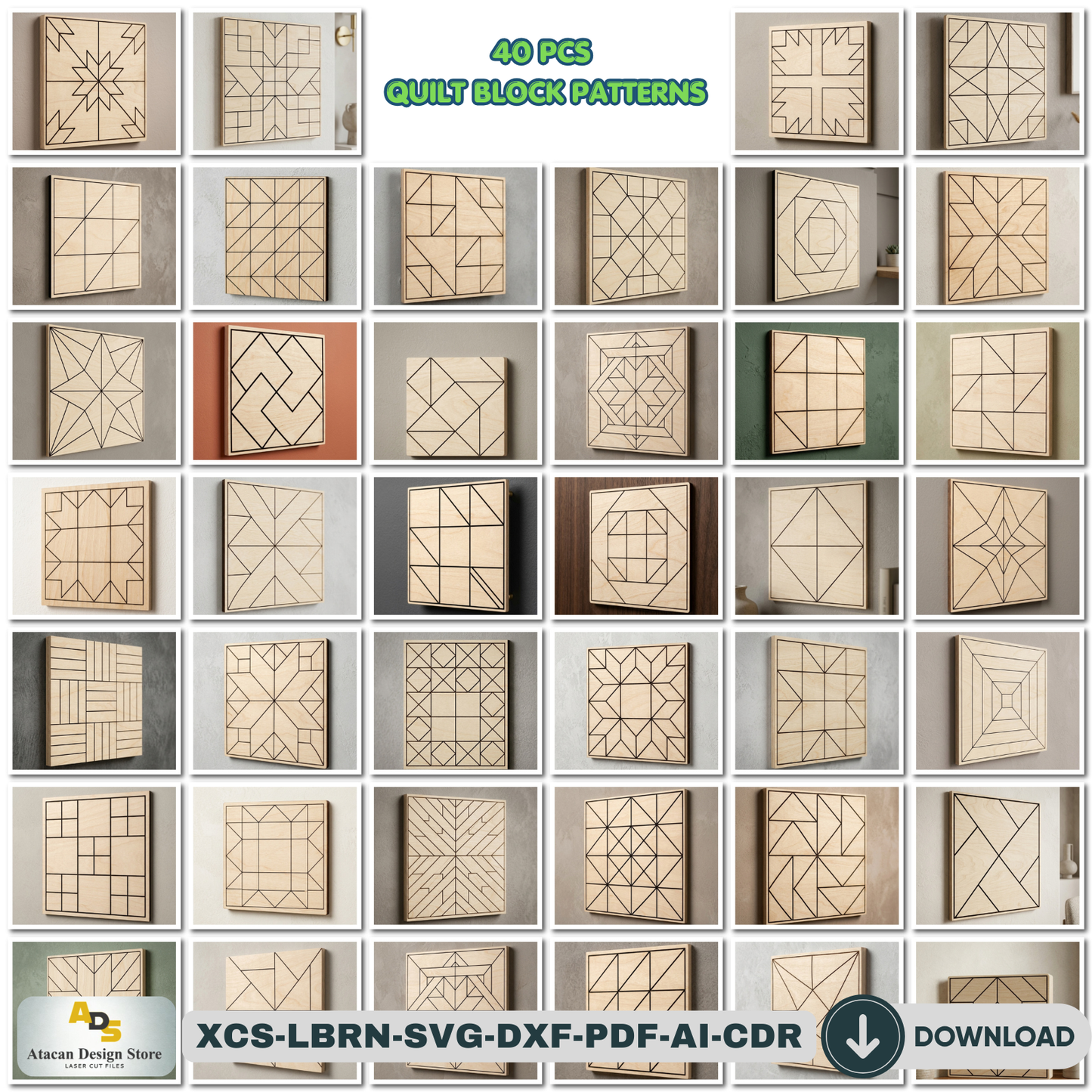 40 Geometric Barn Quilt Block Patterns / Woodem Wall Art Mosaics Bundle Abstract Design 945