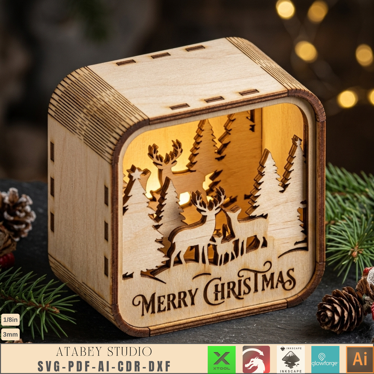 Wooden Christmas Shadow Box Lantern, Reindeer Santa Sleigh Candle Box Plans, Xmas Mantel Laser File
