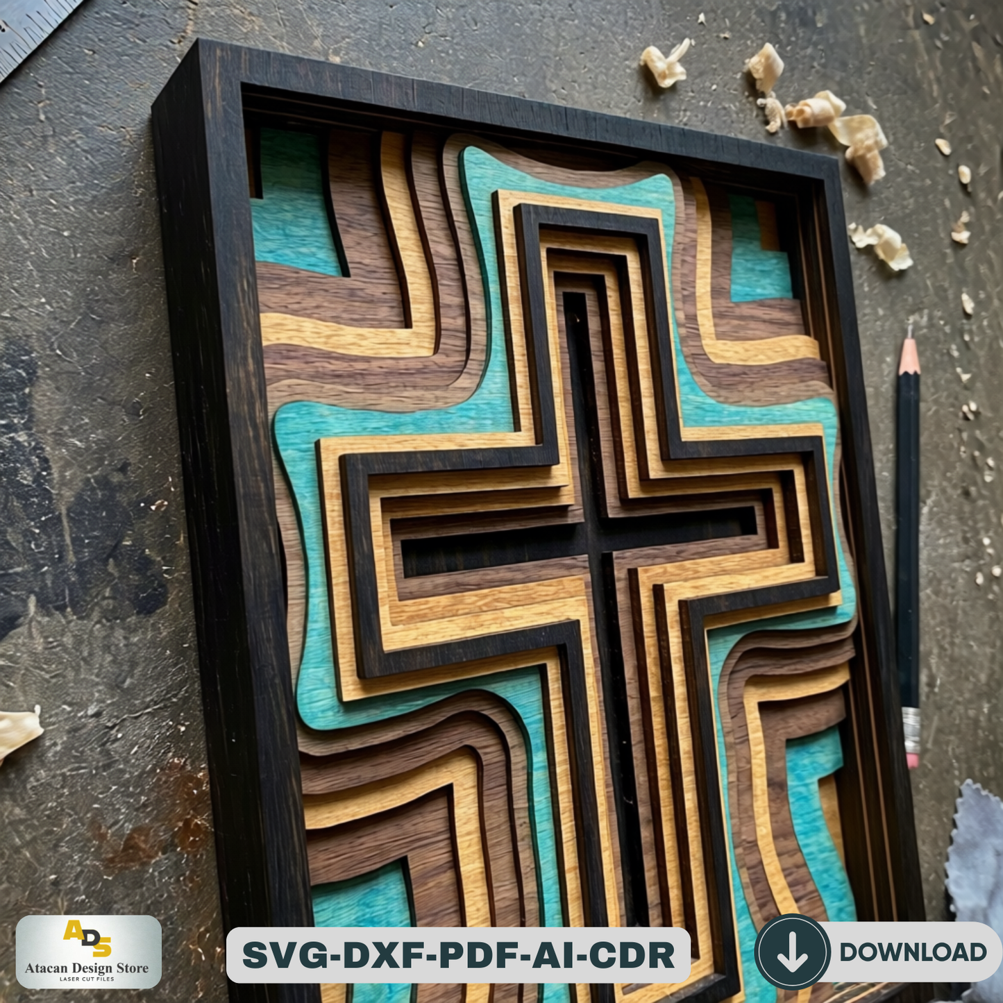 3D Layered Wood Cross Wall Art LaserCut Religious Multilayer Decor Christian Spiritual Vector Pattern