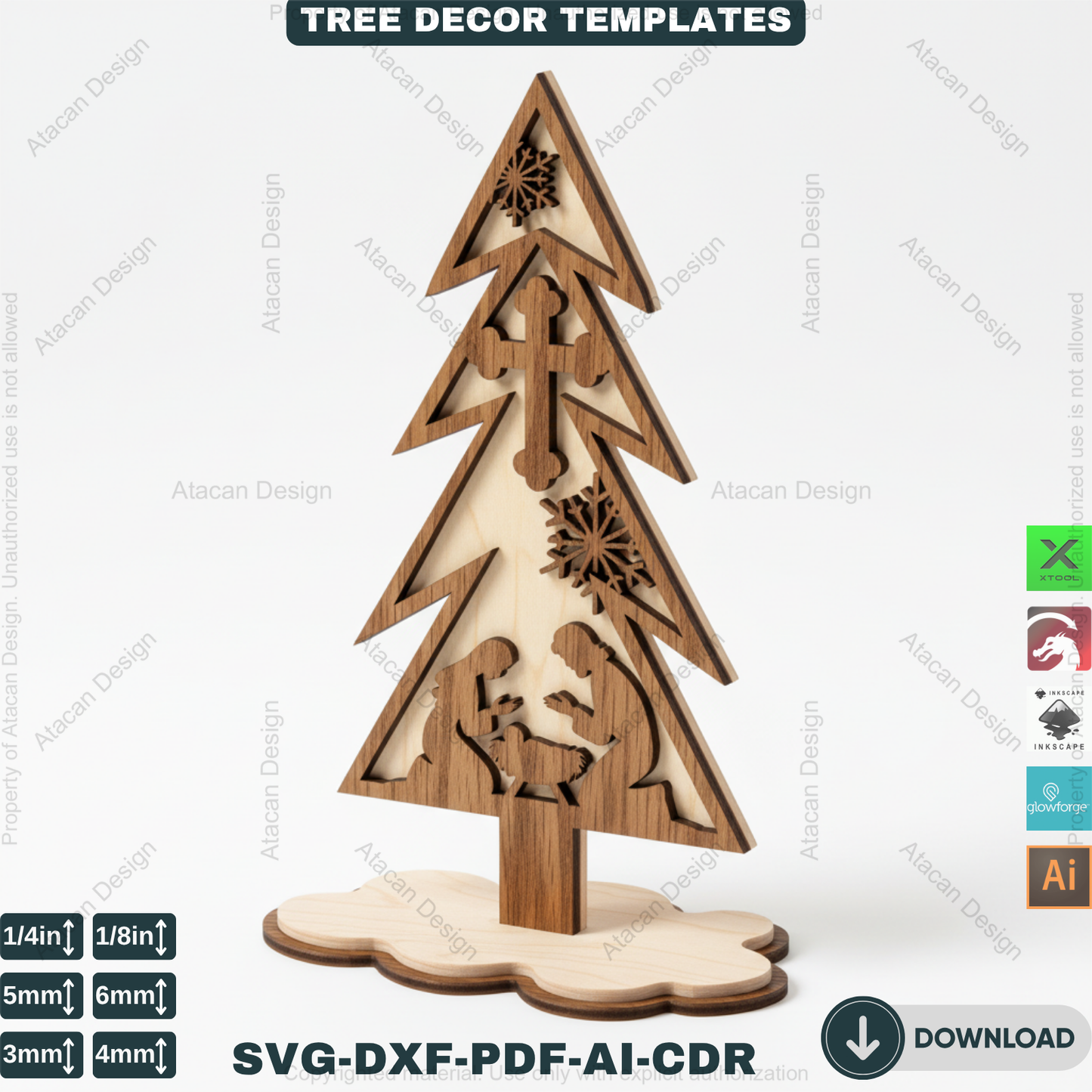 3D Standing Christmas Tree Decor Bundle | Laser Cut Wooden Tree Ornaments | Holiday Table Decoration | Xtool Craft Template 909