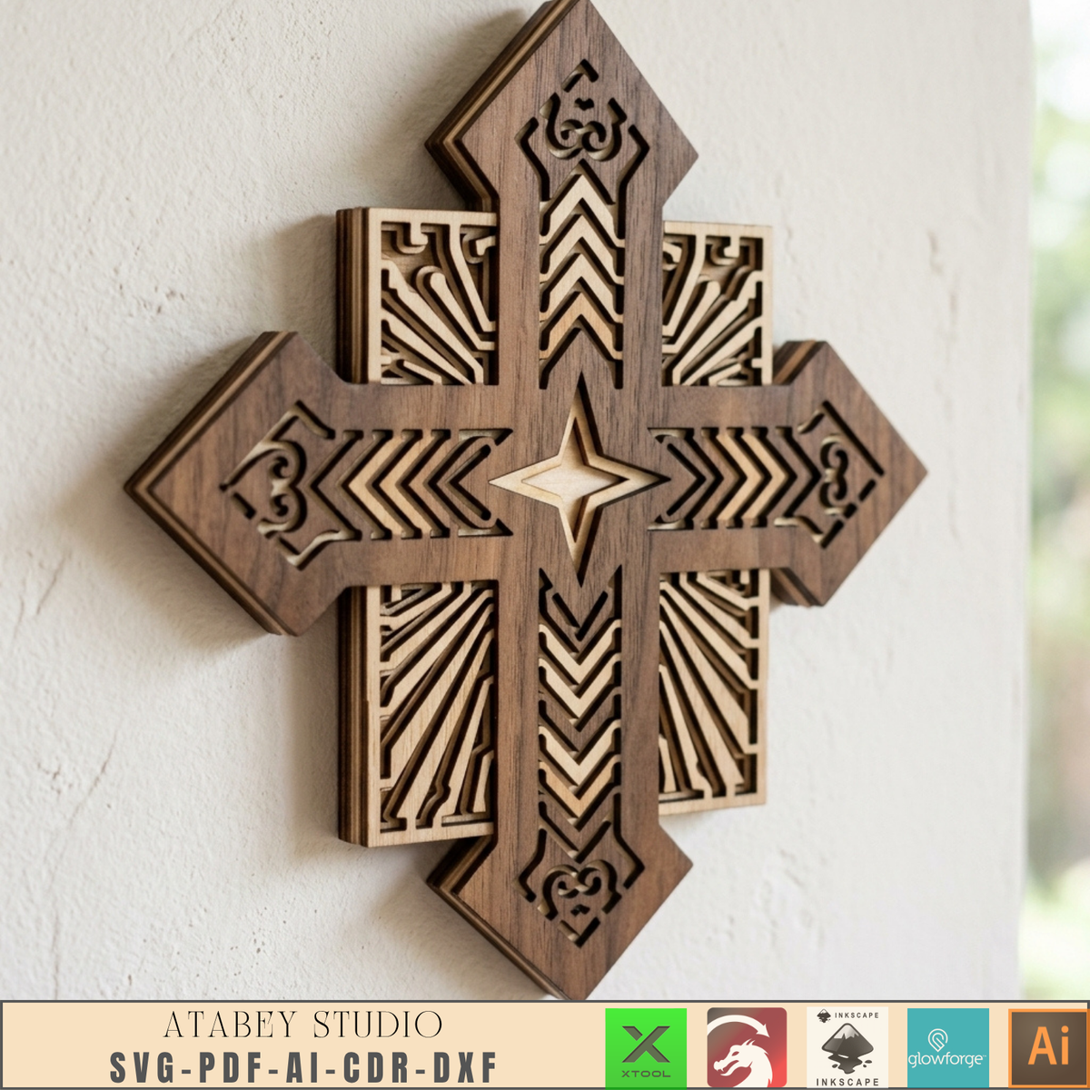 Layered Wooden Cross Laser Cut File Christian Wall Art Nativity Church Decor Vector Pattern