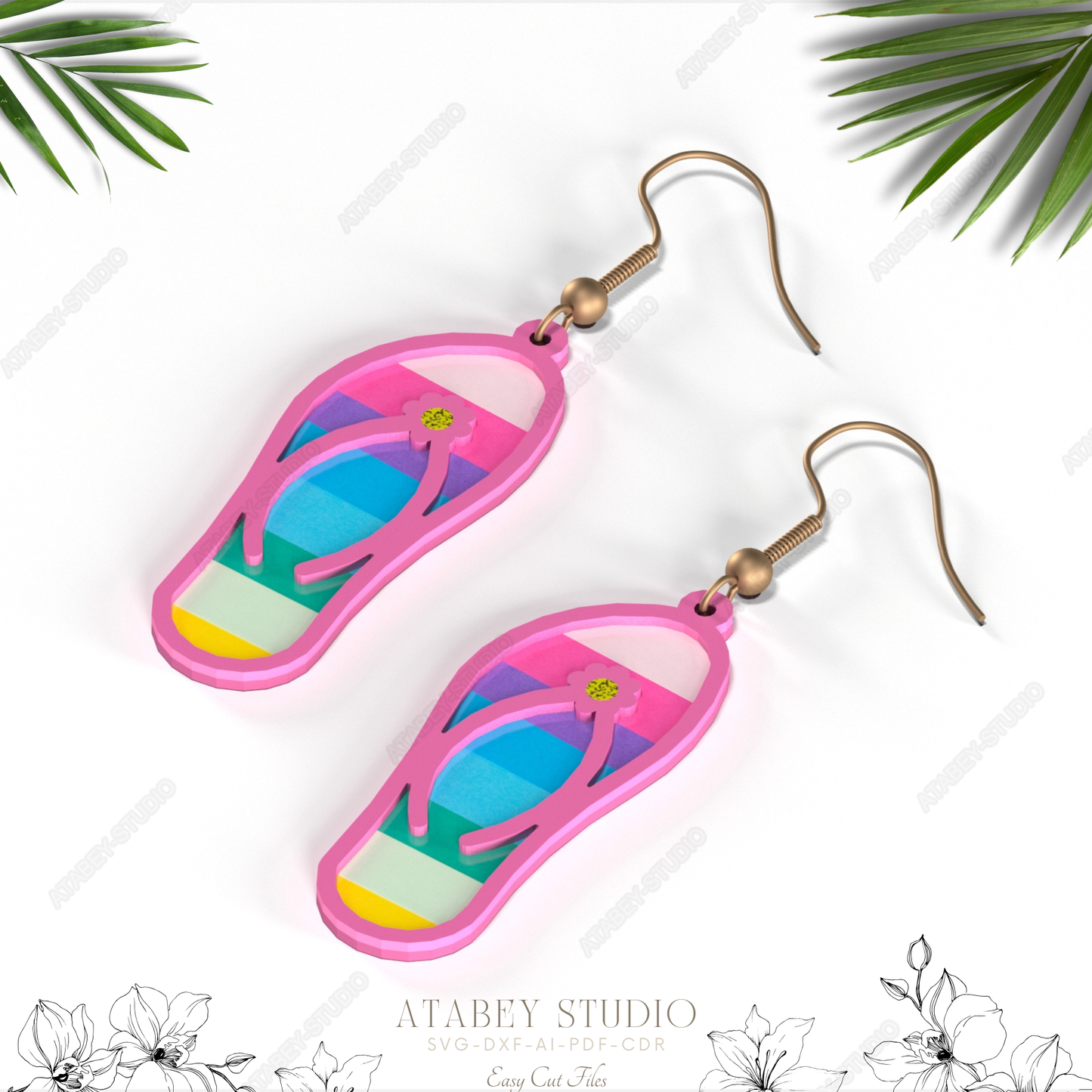 Flip Flop Earrings - Cute Summer Slipper Design, Multi-Color Jewelry for Laser Cutting 854