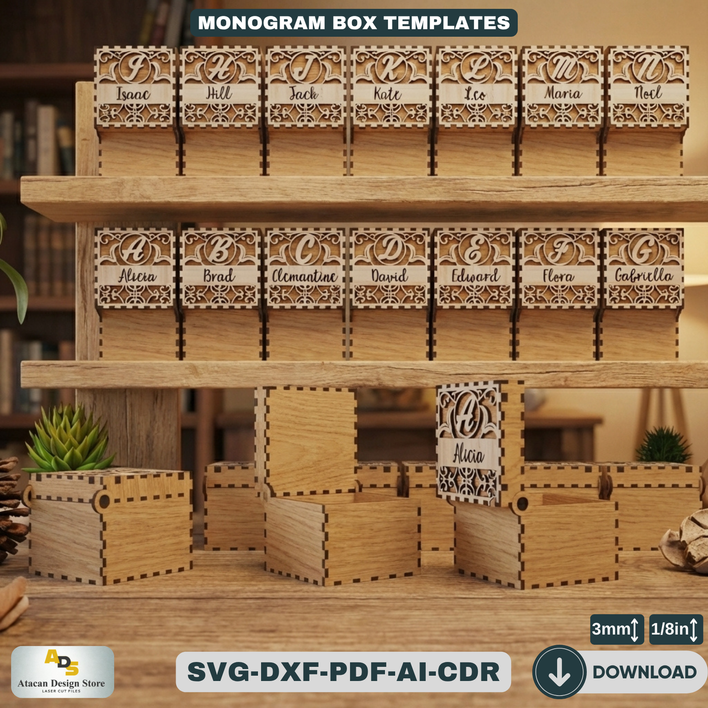 Personalized Monogram Box Template / Wooden Jewelry Case / Initial Custom Wedding Favor Decorative Box 827
