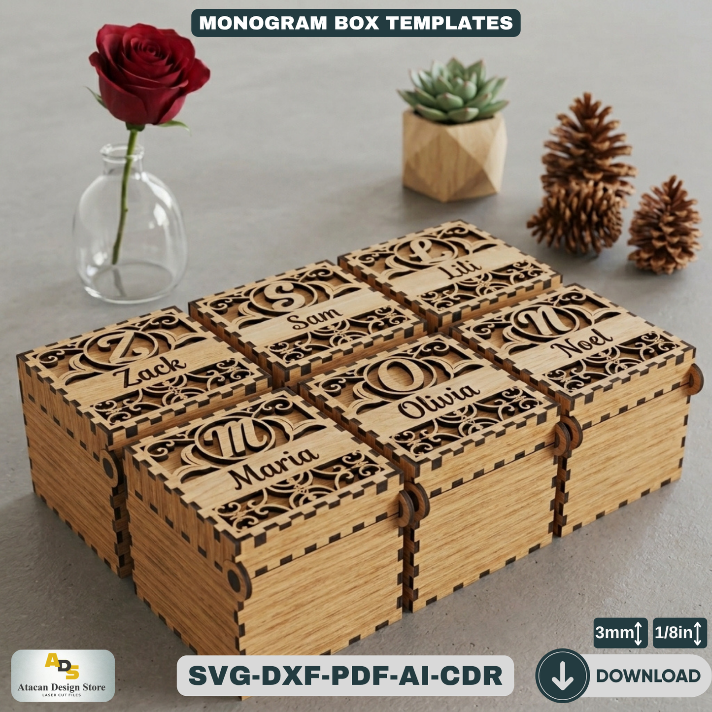 Personalized Monogram Box Template / Wooden Jewelry Case / Initial Custom Wedding Favor Decorative Box 827