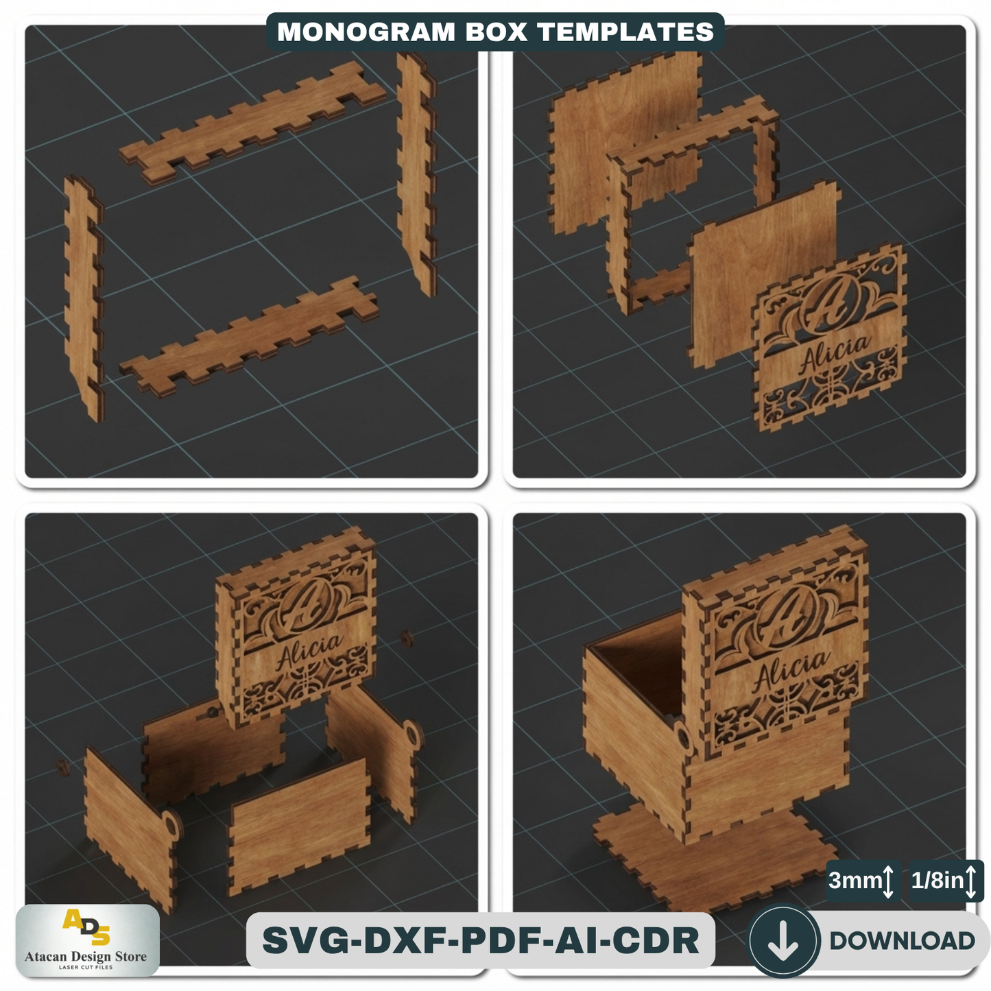 Personalized Monogram Box Template / Wooden Jewelry Case / Initial Custom Wedding Favor Decorative Box 827