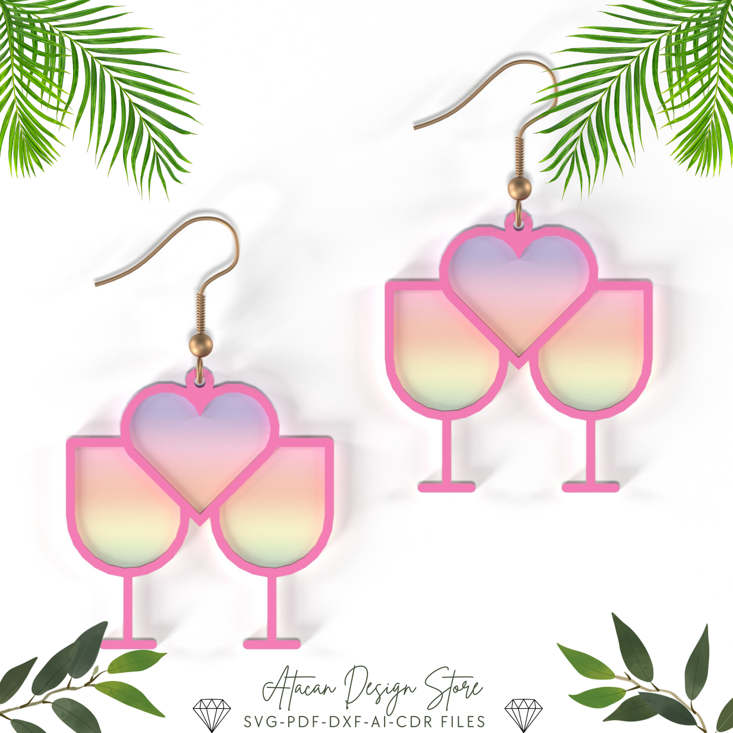 Summer-Themed Earring Collection - Beach Scene, Heartbeat, Palm Tree, Ice Cream, Wine Glass Designs - Palm Tree,Leaf, Surf Wave and more 663