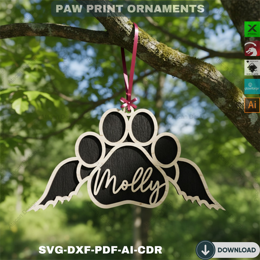 Personalized Dog Paw Ornament - Custom Wooden Pet Christmas Keepsake for Laser Cutting 809