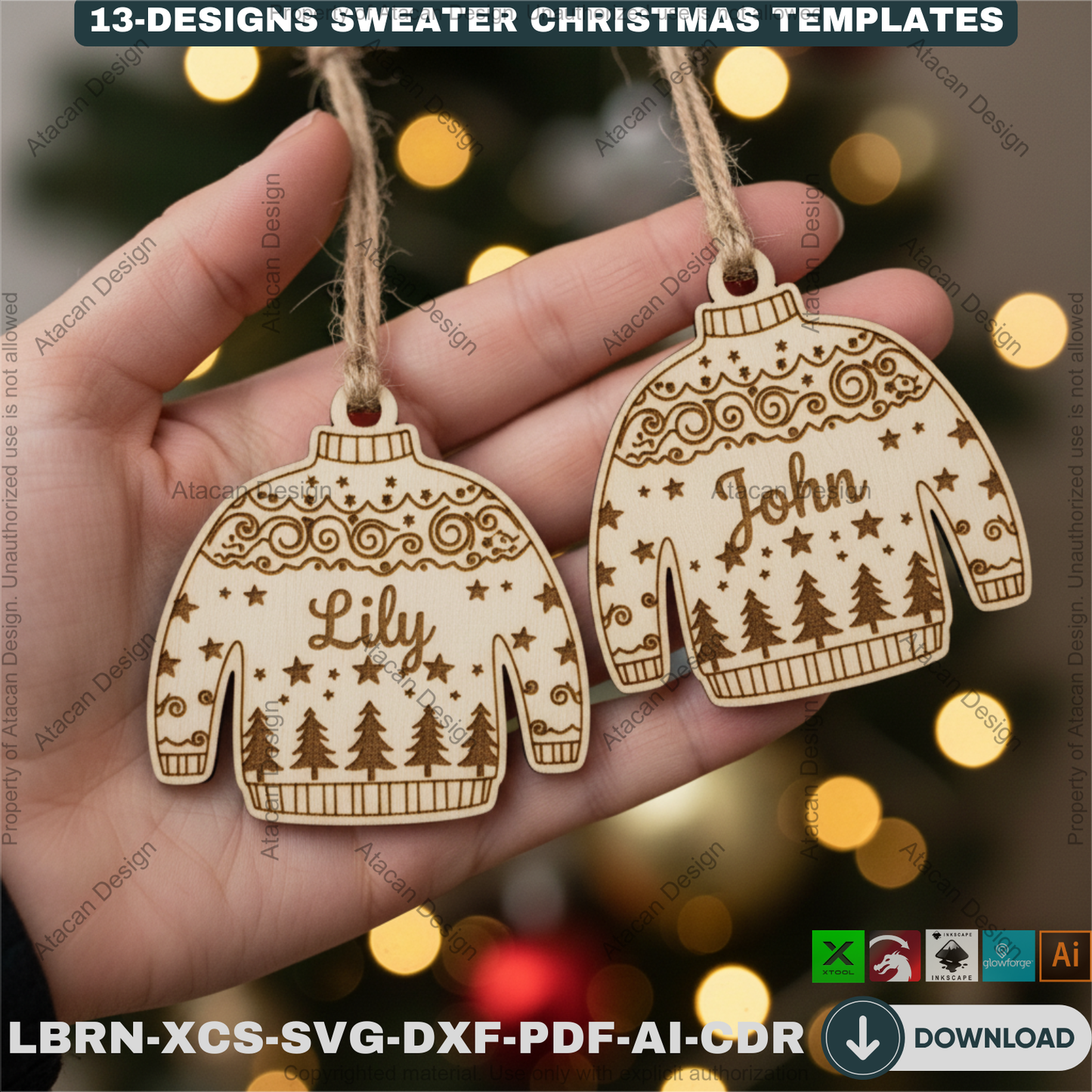 Personalized Sweater Christmas Ornament Bundle | 13 Holiday Designs | Laser Cut Template Set for DIY Xmas Gifts 918